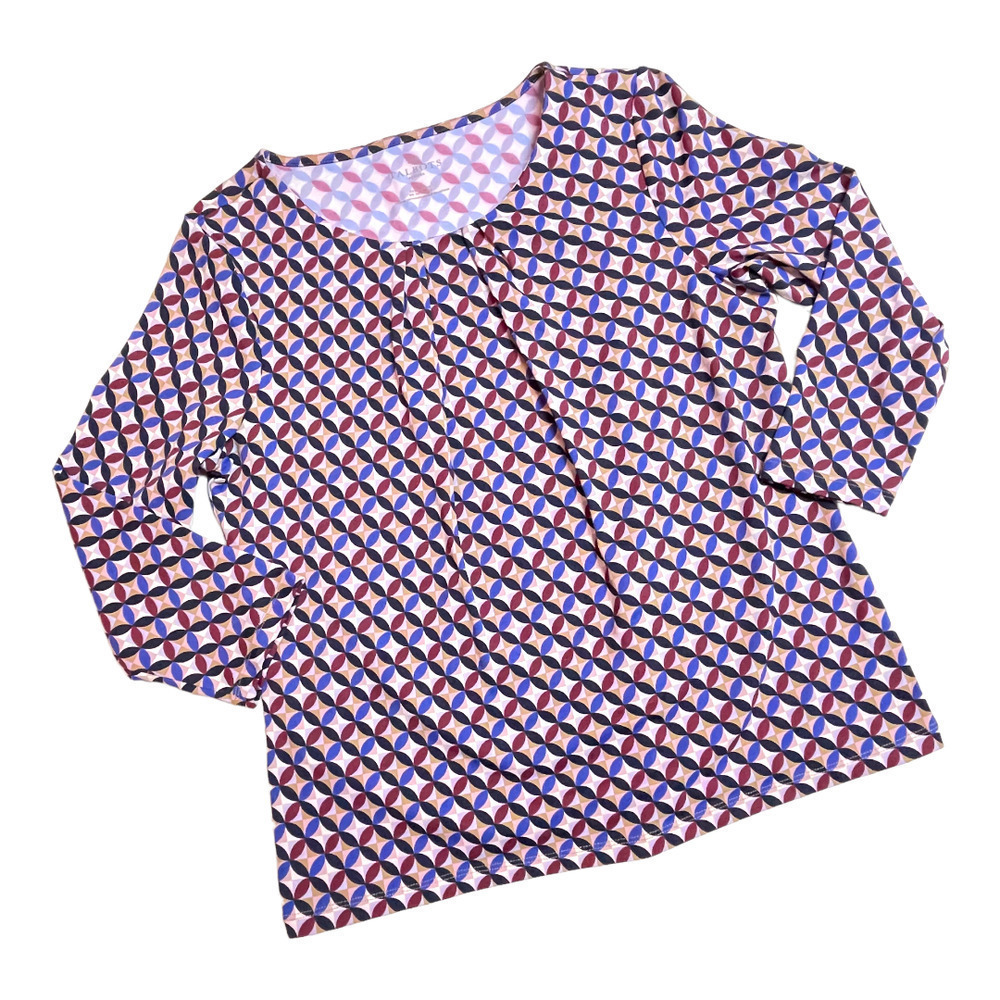 🍀TALBOTS purple blue cream deco circle spandex blend top size medium petite